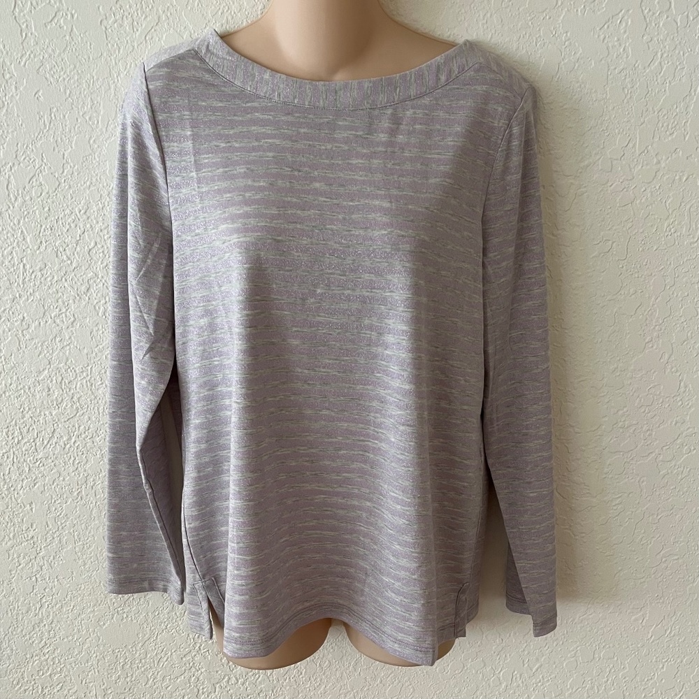 NWOT Chico’s Striped Subtle Silver Bling Gray/Lavender Long Sleeve Top Size 6-8
